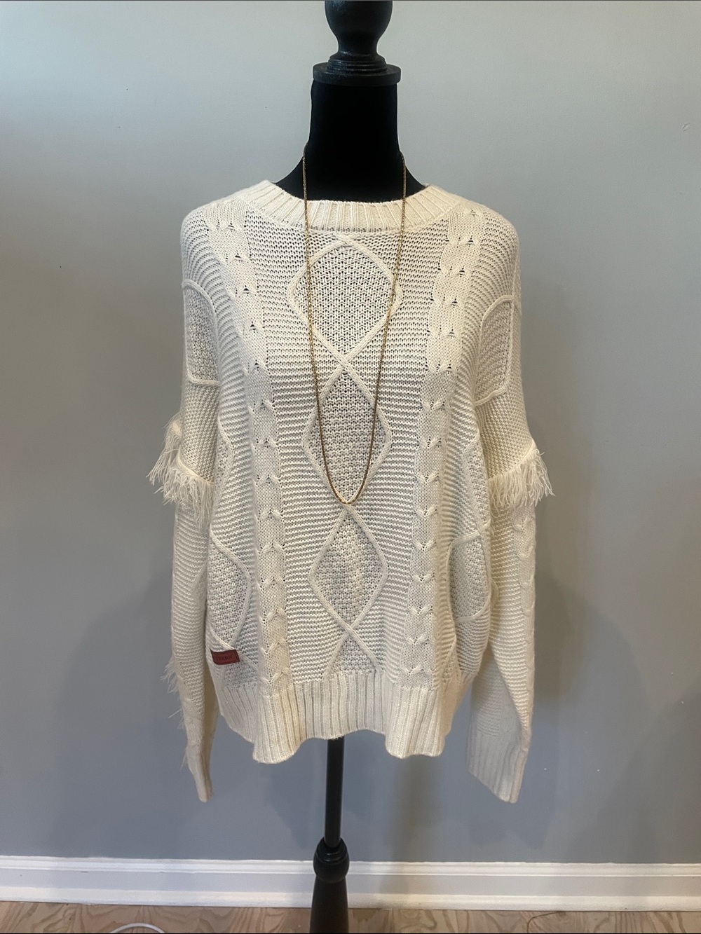 Cream Cable Knit Fringe-Detail Women's Sweater- simply southern medium